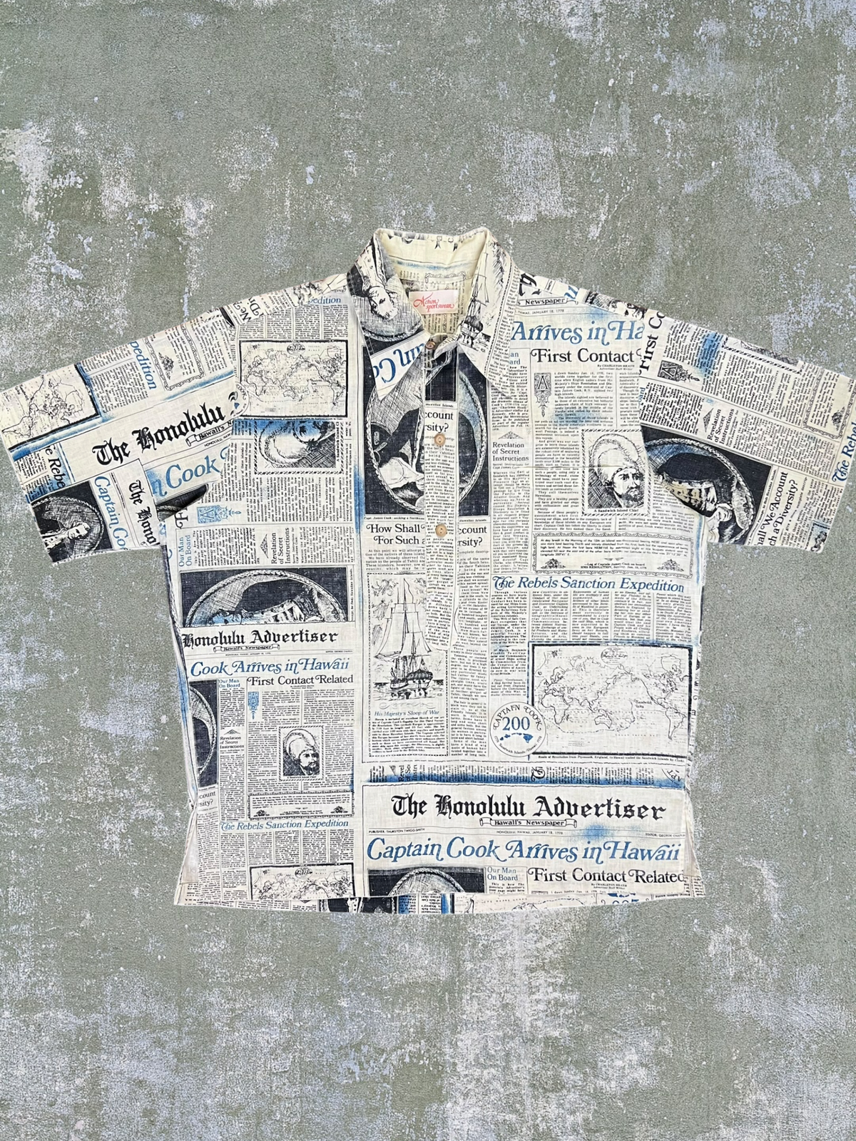‘70s Captain Cook Newspaper Patterned Hawaiian Shirt (XL)