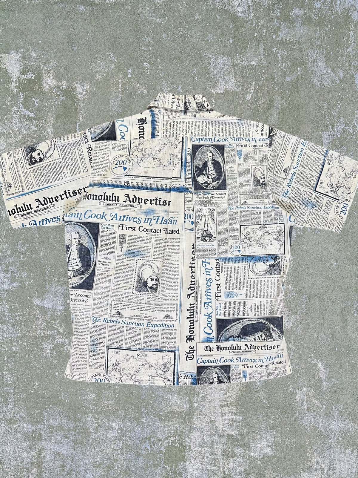 ‘70s Captain Cook Newspaper Patterned Hawaiian Shirt (XL)