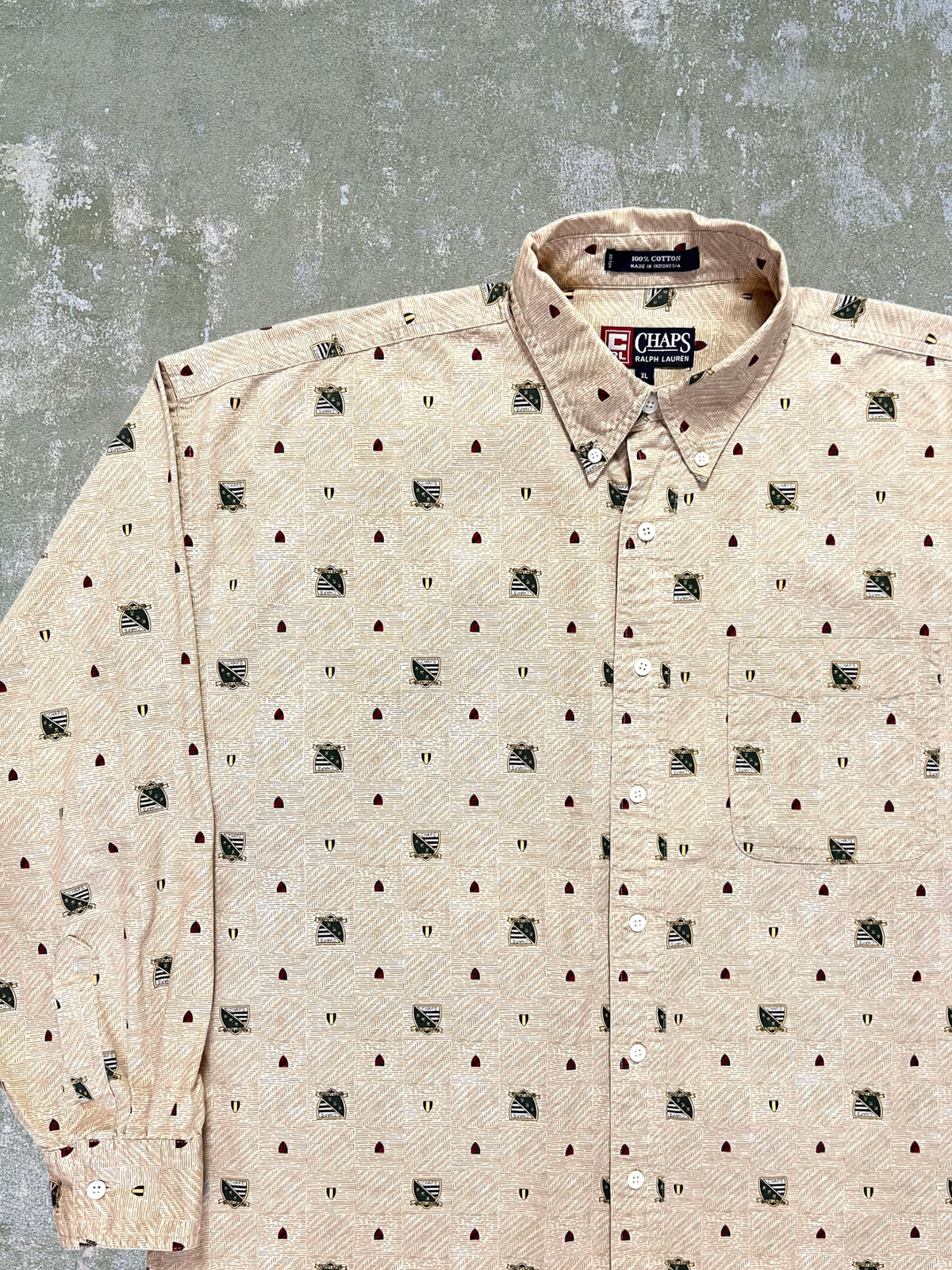 ‘90s/Early-2000s Chaps Ralph Lauren Crest Patterned Shirt (XXL)
